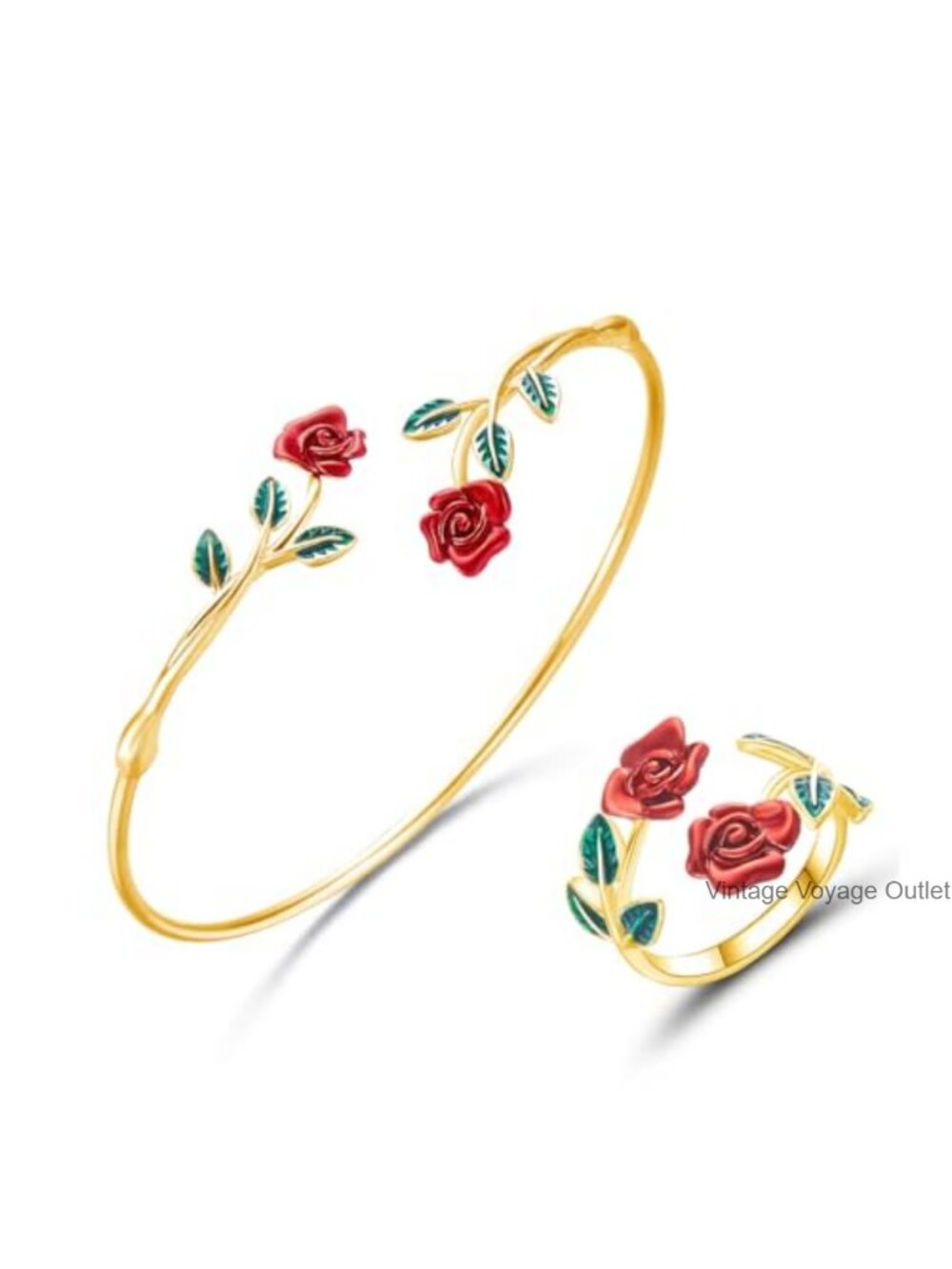 Rose Flower Open Cuff Bracelet Ring Set Adjustable Alloy Jewelry Wedding Gift